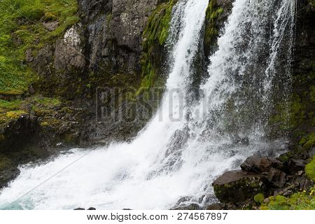 Klifbrekkufossar Falls In Summer Season View, Iceland. Icelandic Landscape.
