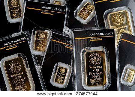 Kyiv, Ukraine - December 05, 2018: Several Small Minted Bars Of Different Weight Produced By The Swi