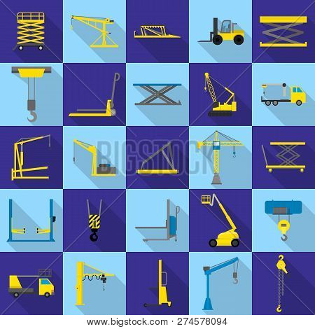 Lifting Machine Equipment Icons Set. Flat Illustration Of 25 Lifting Machine Equipment Cargo Icons F