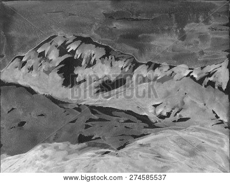 Mountains And Hills. Gray Colors Grisaille. Hand Drawn Illustration. For Card, Postcard, Poster.