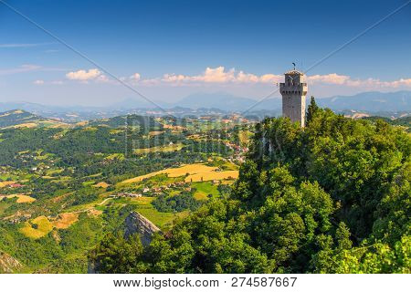 San Marino Skyline. Third Tower Of San Marino On Green Monte Titano Summit On A Sunny Day. San Marin