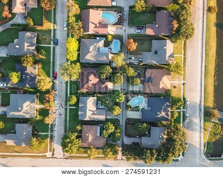 Panoramic Residential Subdivision With Swimming Pool In Fall Season Near Dallas, Texas