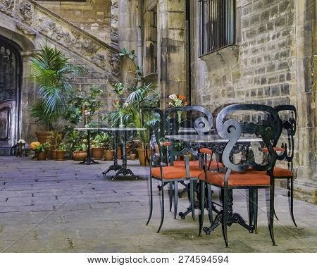 Antique Building Courtyard, Gothic District, Barcelona, Spain
