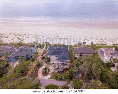 Aerial view of beach front properties in South Carolina, USA.