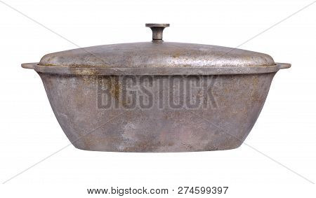 Vintage Aluminum Pot For Coocing Meat And Wegetables. Isolated On White Background