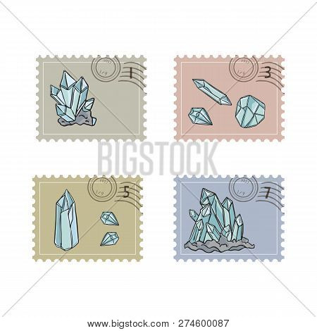 Hand Drawn Minerology Quartz Crystal Postage Stamps