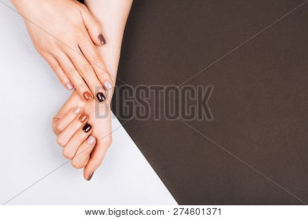 Holiday Beautiful Manicure On Grey And Brown Background.