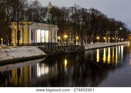 Night View Of Rossi Pavilion At The Mikhaylovsky Garden. St. Petersburg. Russia