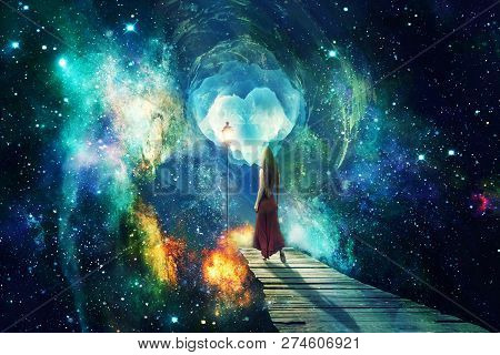 Abstract Artistic Beautiful Woman In Dress Standing On A Wood Way Against Universe Filled With Super