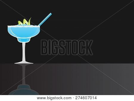 Margarita Blue Curacao Cocktail On Black Mirrored Background. Vector Illustration For Web And Print,