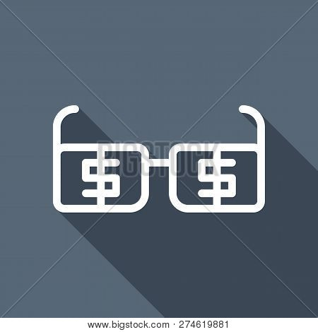 Money Glasses With Dollas Sign. Finance Icon. White Flat Icon With Long Shadow On Blue Background