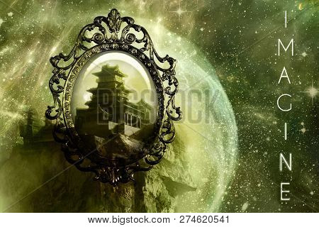 Abstract Mirror To Another World Looking At A Fantastic Castle In An Abstract Galaxy Artwork
