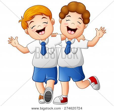 Vector Illustration Of Smiling Two Kids In A Uniform School