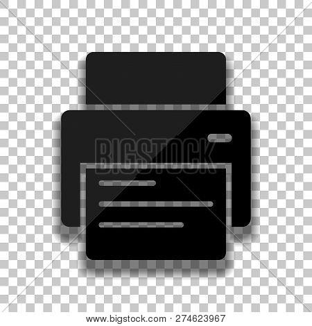 Printer And Paper. Black Glass Icon With Soft Shadow On Transparent Background