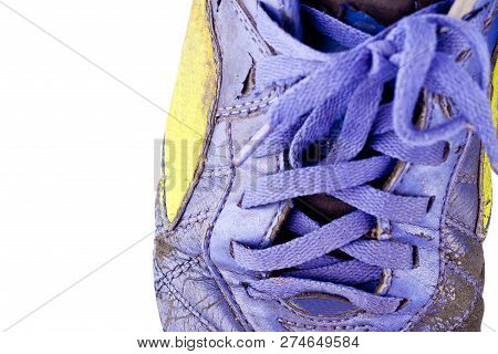 Close Up Old Shoelace Futsal Shoes On White Background Soccer Sportware Object Isolated