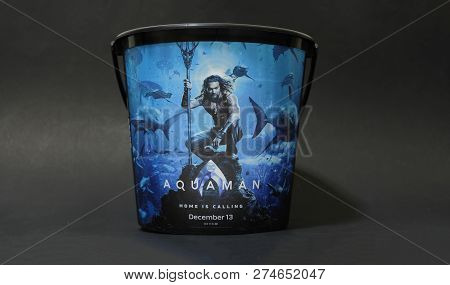 Bangkok, Thailand - December 18, 2018: A Dc Comic Superhero Movie Aquaman Displays On Popcorn Bucket