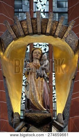 RETZBACH, GERMANY - JULY 04, 2018: Virgin Mary with baby Jesus statue in Maria im Grunen Tal pilgrimage church in Retzbach in the Bavarian district of Main-Spessart, Germany