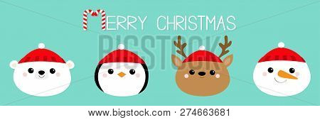 Merry Christmas. White Polar Bear Penguin Deer Bird Raindeer Snowman Round Face Head Icon Set. New Y
