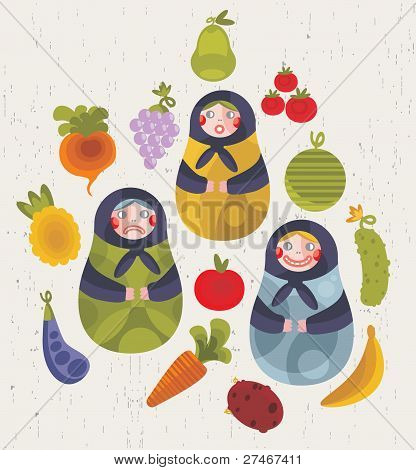 Matreshka doll and some fruits and vegetables.