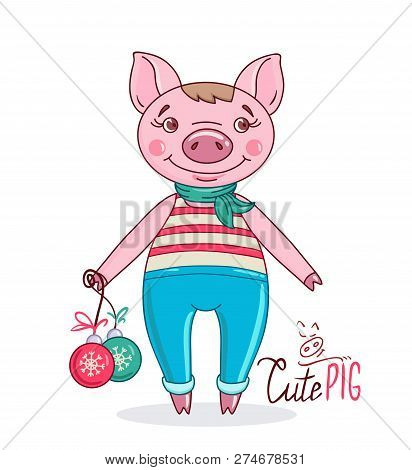 Little Cute Pig In Cartoon Style Holding Christmas Balls In His Hand. Hand Drawn Style Vector Design