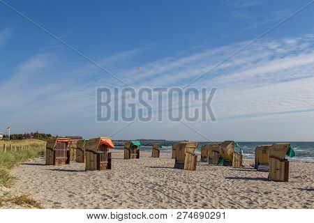 Fehmarn, Germany - September 30, 2018: Beach Chairs On The South Beach On The Island Fehmarn