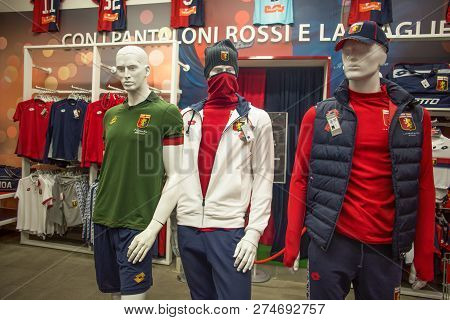 Genoa, Italy, November 27, 2018 - Sportswear Of Genoa 1893 Football Team On Sale In Genoa Shop At Ge