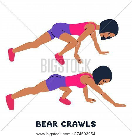 Bear Crawls. Sport Exersice. Silhouettes Of Woman Doing Exercise. Workout, Training Vector Illustrat