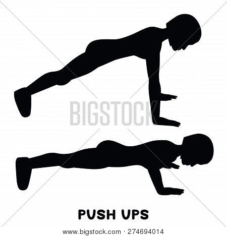 Push Ups. Sport Exersice. Silhouettes Of Woman Doing Exercise. Workout, Training Vector Illustration