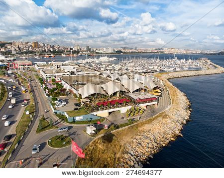 Istanbul, Turkey - February 23, 2018: Aerial Drone View Of Pendik Marina Istanbul Seaside / Marin Tu