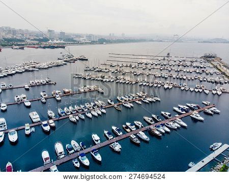 Aerial Drone View Of Pendik Marina Istanbul Seaside. Cityscape.