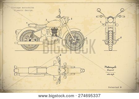 Blueprint Of Retro Classic Motorcycle In Outline Style. Side, Top And Front View. Industrial Drawing