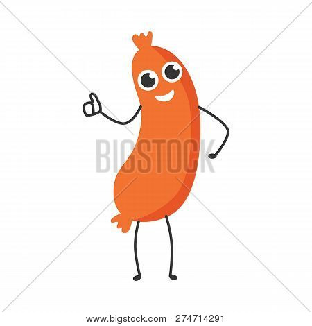 Vector Illustration Of Sausage Cartoon Character Standing And Showing Okay Or Like Gesture.