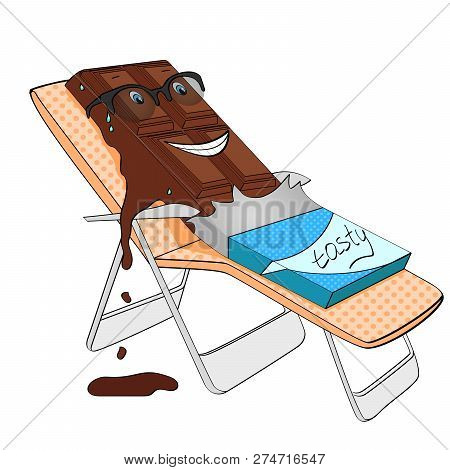 Chocolate Bar Melts On Beach Object On White Background Raster. Cartoon Food Character. Color Backgr