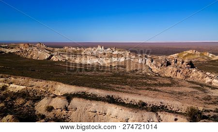 Panorama View To Aral Sea From The Rim Of Plateau Ustyurt At Sunset In Karakalpakstan, Uzbekistan