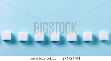 Sugar Cubes Row On Blue Background, Flat Lay Banner