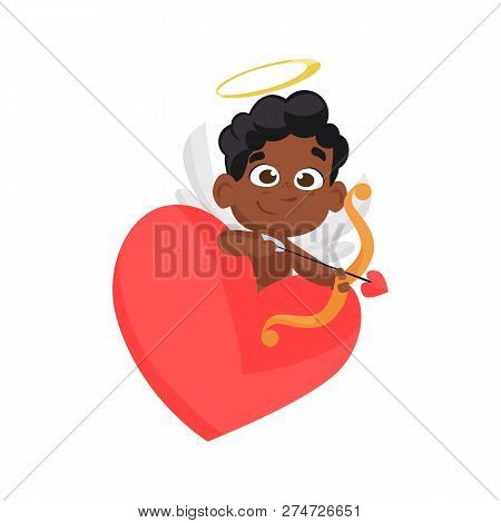 Black Cupid Leaning On Heart. African, Archery, Arrow, Wings. Can Be Used For Topics Like Valentines