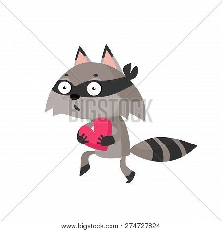 Raccoon Stealing Heart. Crime, Sneaking, Cartoon. Can Be Used For Topics Like Valentines Day, Thief,