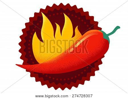 Vector Chilli Pepper In Retro Style. Vector Vintage Emblem With Redchili Pepper With Flame. Chilli W