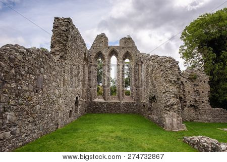 Ruins Of Inch Abbey In Northern Ireland, United Kingdom. This Ruined Monastery Is Located Near Downp