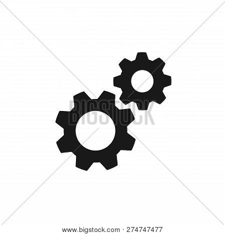 Black Isolated Icon Of Two Cogwheels On White Background. Silhouette Of Gear Wheel. Flat Design. Set