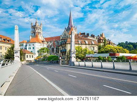 Lausanne, Switzerland - August 13, 2015: The Cathedral Hill Seen From The Bessieres Bridge