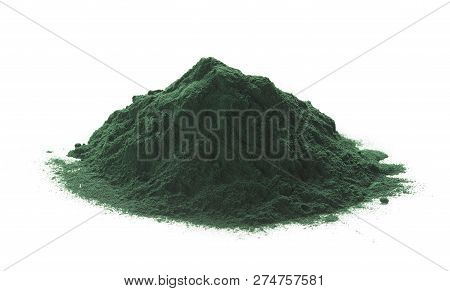 Close Up Of Organic Spirulina Powder Heap Over White Background.
