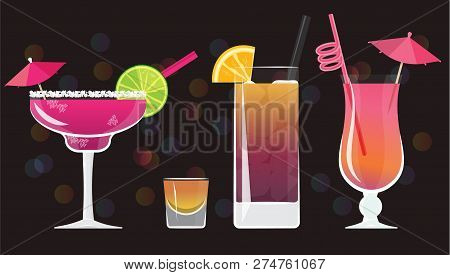 Cuba Libre, Sex On The Beach Cocktail, Lemmy Cocktail And Gin Tonic Cocktail  On Black Mirrored Back