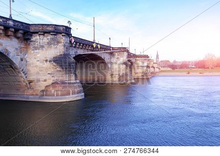 Germany, Dresden, 01.02.2014. Dresden City Skyline Panorama At Elbe River And Augustus Bridge, Dresd