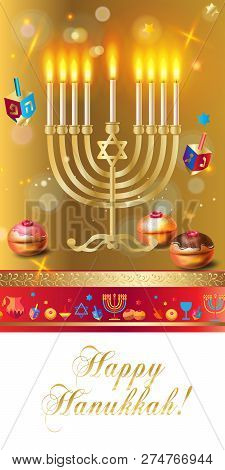 Happy Hanukkah Banner Traditional Jewish Holiday Hanuka Festival Of Lights Symbols Gold Decoration. 