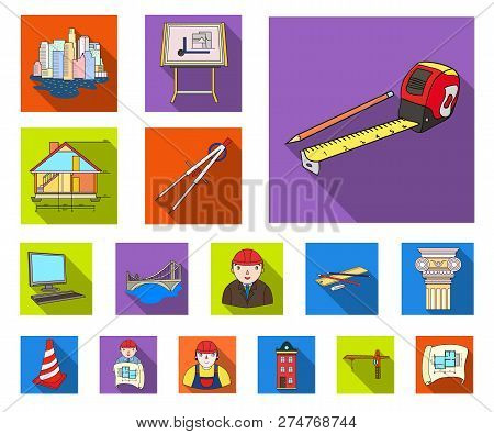 Architecture And Construction Flat Icons In Set Collection For Design. Architect And Equipment Vecto