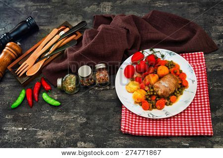 Beef meat stewed with potatoes-Traditional French cuisine Beef Bourguignon potatoes carrots in persillade