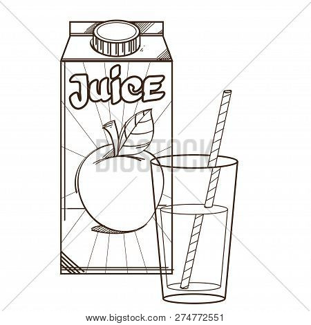 Vector Monochrome Set Of Package With Apple Juicy And Glass Near. Illustration Isolated On White Bac
