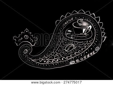 The Coffee Cup And The Coffee Beans Integrated Into Paisley Drawing With White Pen On The Back Backg