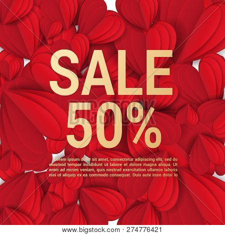 Sale With Valentine Hearts Abstract Composition With 3d Hearts And Bantings. Illustration. Love Lett